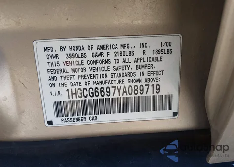 2000 Honda Accord 2.3 Se z USA, uszkodzony, nr VIN 1HGCG6697YA089719